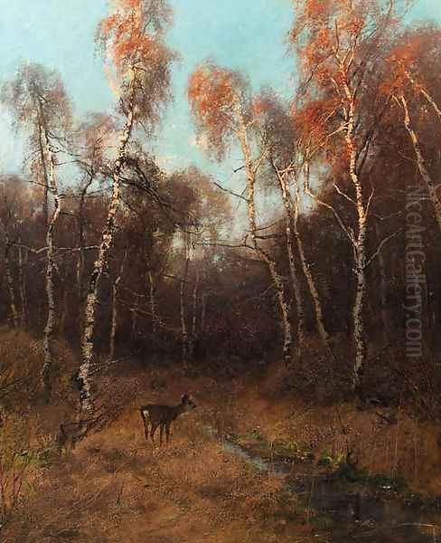 A birch forest with a deer by a stream - view 1