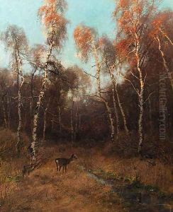A birch forest with a deer by a stream by August Fink