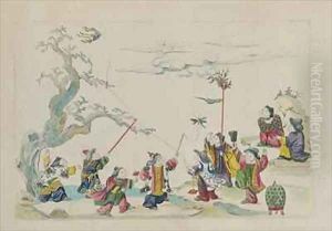 Children flying kites from an album of Chinese drawings by Jean Antoine Fraisse