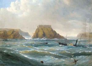 A paddle steamer in a heavy swell off a fortified rocky outcrop
