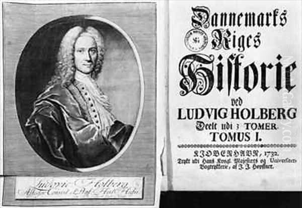Baron Ludvig Holberg 1684-1754 and the title page of Volume I of his History of Denmark - view 1