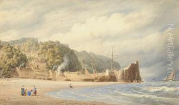 Children On A Beach At Low Tide, Cottages And Fishing Boats Beside A Stone Quay Beyond - view 1