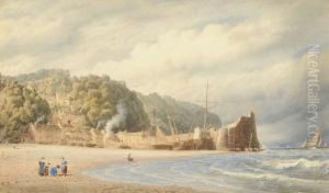 Children On A Beach At Low Tide, Cottages And Fishing Boats Beside A Stone Quay Beyond by Cornelius Varley