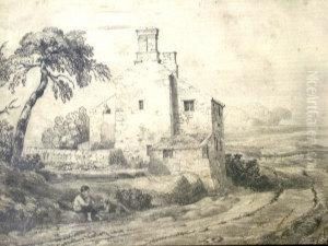 19th Century- Boy With Dogs By A
Cottage On A Country Lane; Pencil, Bears Signature And Date, 23x36cm by Cornelius Varley