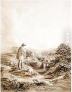 A Young Boy Resting Near A Village by Cornelius Varley