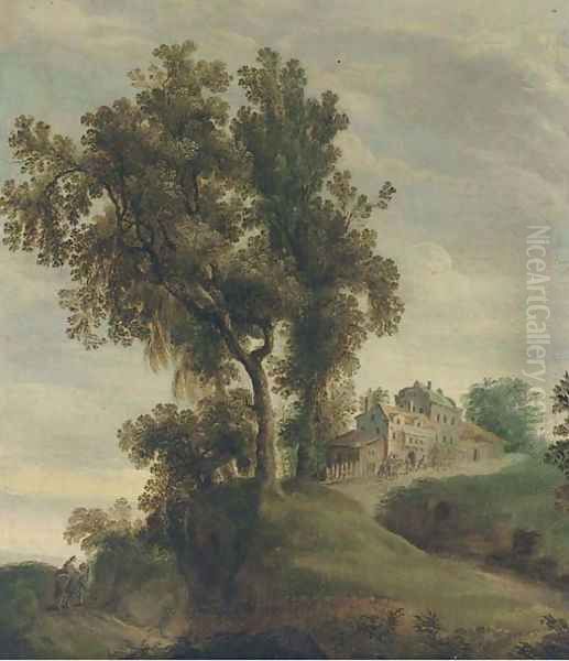 A partly wooded landscape with travellers on a track near a village - view 1