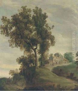 A partly wooded landscape with travellers on a track near a village