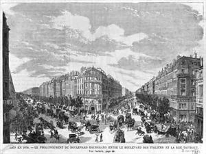 Paris in 1878 Boulevard Haussmann extended between Boulevard des Italiens and rue Taitbout by Michel Charles Fichot
