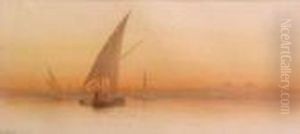 Dhows On The Nile At Sunset With The Pyramids In The Distance by John Jnr. Varley