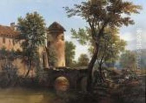 Flusslandschaft Mit Schlossartigem Hof. by John Jnr. Varley