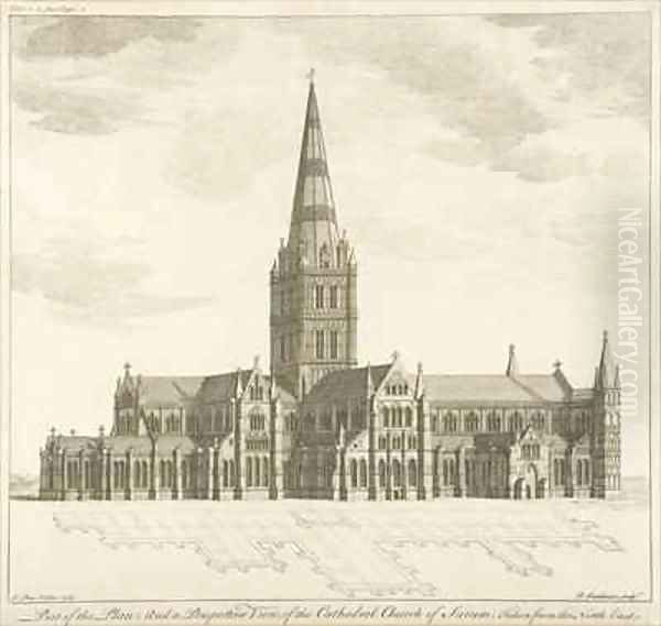 Part of the Plan and a Perspective View of the Cathedral Church of Sarum taken from the North East - view 1