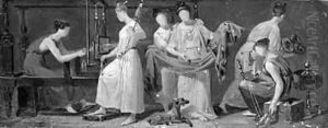 Six women weaving in an interior by Alexandre Evariste Fragonard