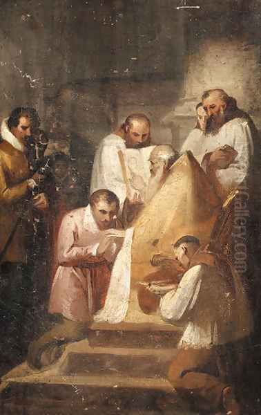 A bishop reading from a book with acolytes - a sketch - view 1