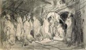 Study Of Figures Leaving A Church And Study Of A Man Studying A Scroll by Viktor Vasnetsov