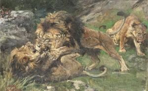 Lions At Play by Geza Vastagh