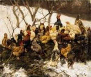 Poultry Yard In Winter by Geza Vastagh