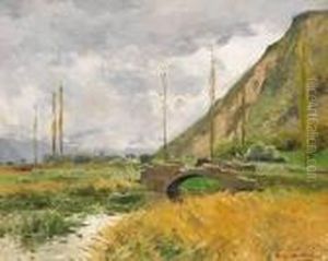Fruhlingslandschaft Mit Flusslauf,steinerner Brucke Und Fernem Gebirge