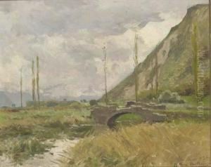 A River Landscape With A Stone Bridge And Hills Beyond by Pierre Vauthier