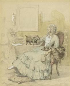 Salon With Lady Reading And Pug Dog
