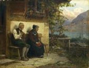 Feierabend. Altes Bauernpaar Vor Seinem Haus Sitzend
