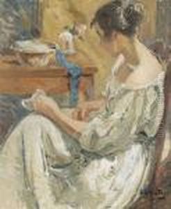 Interieur Mit Junger Dame Am Tisch.