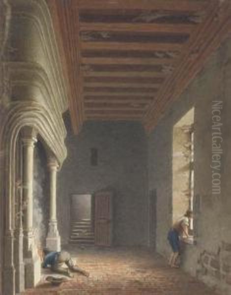 Un Homme Soufflant Sur Un Feu Dans Une Cheminee Monumentale, Unhomme A Une Fenetre - view 1
