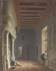 Un Homme Soufflant Sur Un Feu Dans Une Cheminee Monumentale, Unhomme A Une Fenetre by Jean Lubin Vauzelle