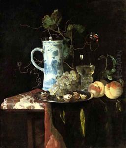 A Chinese transitional blue and white silver-mounted tankard, grapes and walnuts on a silver plate, a 'roemer' with white wine and two peaches on a pa