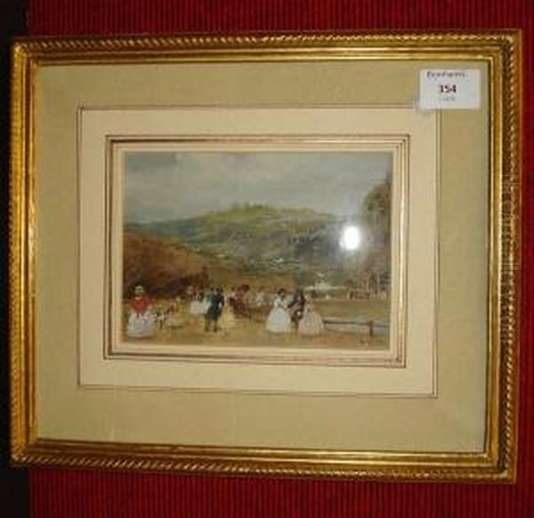 Figures Promenading By A Lake - view 1