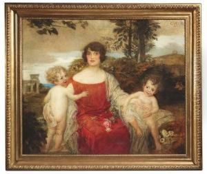 Veith, Eduard. An Elegant Lady With Her Two Children In Front Of A Landscape by Eduard Veith