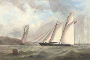 Racing schooners on opposite tacks and vying for position at the start in Osborne Bay by Capt. John Haughton Forrest