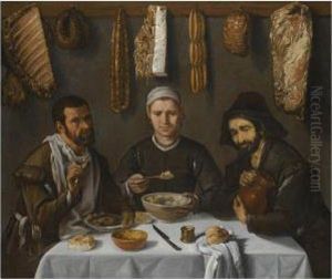 An Interior With Three Figures 
Eating At A Table, A Row Of Meats Hung From A Rail On The Back Wall