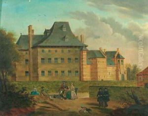 Elegant couples in the garden of a country mansion