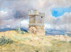 A ruinous tomb in an extensive landscape by Alfred Downing Fripp