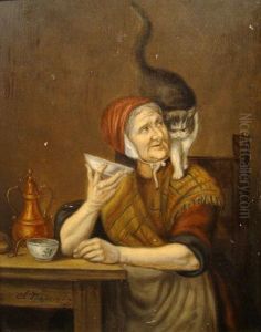 An Old Woman Seated At A Table Offering A Bowl To A Cat Perched Onher Shoulder by Camille Vennemann