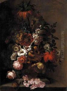 A crown imperial lily, tulips, daffodils, hollyhocks, roses and other flowers in an urn with a snail on a ledge by Pieter Faes