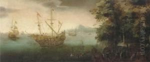 A Coastal Landscape With Soldiers Disembarking From Aman-o'-war by Cornelis Verbeeck