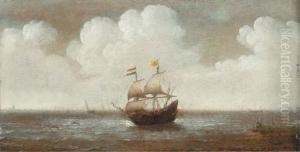 A Dutch Frigate In Choppy Waters And A Man Fishing On Theshore by Cornelis Verbeeck