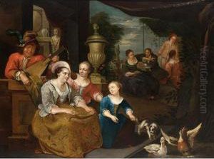 A Pair Of Exterior Scenes With Elegant Dressed Companies Making Music And Feeding Ducks by Franz Xavier Hendrick Verbeeck