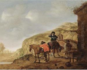 Two Horsemen Resting Near A Tavern In A Hilly Landscape by Pieter Cornelisz. Verbeeck