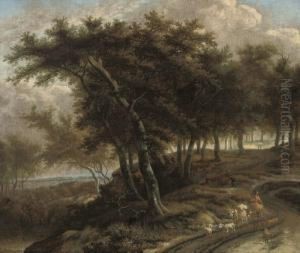 A Wooded Landscape With A Shepherd And His Flock On A Track by Adriaen Hendricksz. Verboom