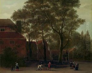 Figures Playing Skittles In A Street Outside A Town