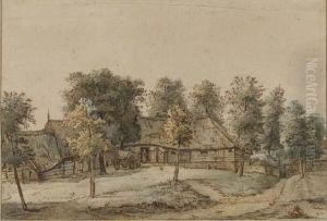 A Landscape With A Farmhouse And A Woman Standing In The Doorway