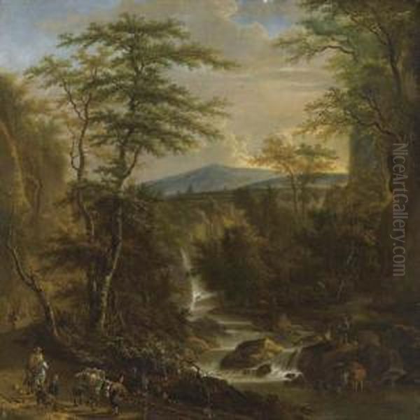 Southern Forest Landscape With
Waterfall, Travellers And Fishermen The Figures Probably By Johannes
Lingelbach. - view 1