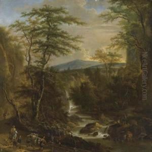 Southern Forest Landscape With
Waterfall, Travellers And Fishermen The Figures Probably By Johannes
Lingelbach. by Adriaen Hendricksz. Verboom