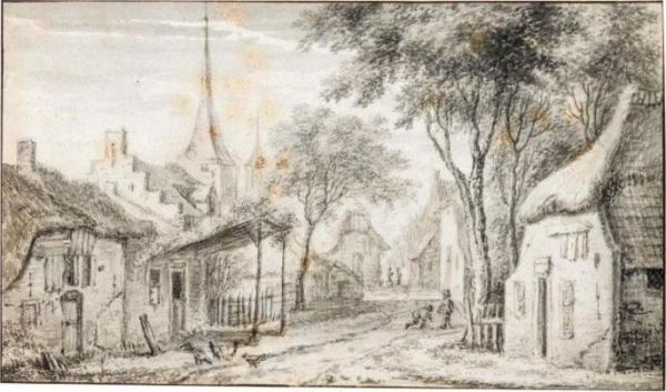 A Village Street, With Children Playing And Chickens To The Left - view 1