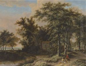 A Wooded Landscape With Hunters On A Path by Adriaen Hendricksz. Verboom