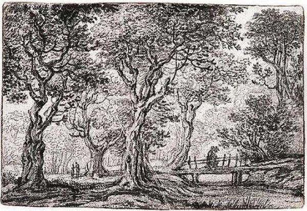 Wooded Landscape With Figures On A Bridge Over A Stream - view 1