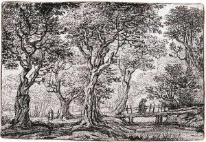 Wooded Landscape With Figures On A Bridge Over A Stream