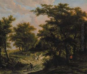 A Wooded Landscape With Hunters By A Cottage by Adriaen Hendricksz. Verboom